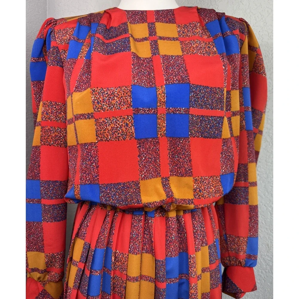 VTG‎ 80s Patchwork Eileen Scott Pleated Secretary Geek Dress USA  Long Sleeve